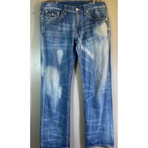 True Religion Jeans Men's 36 X 34 Blue Bleached Straight With Flap Pockets